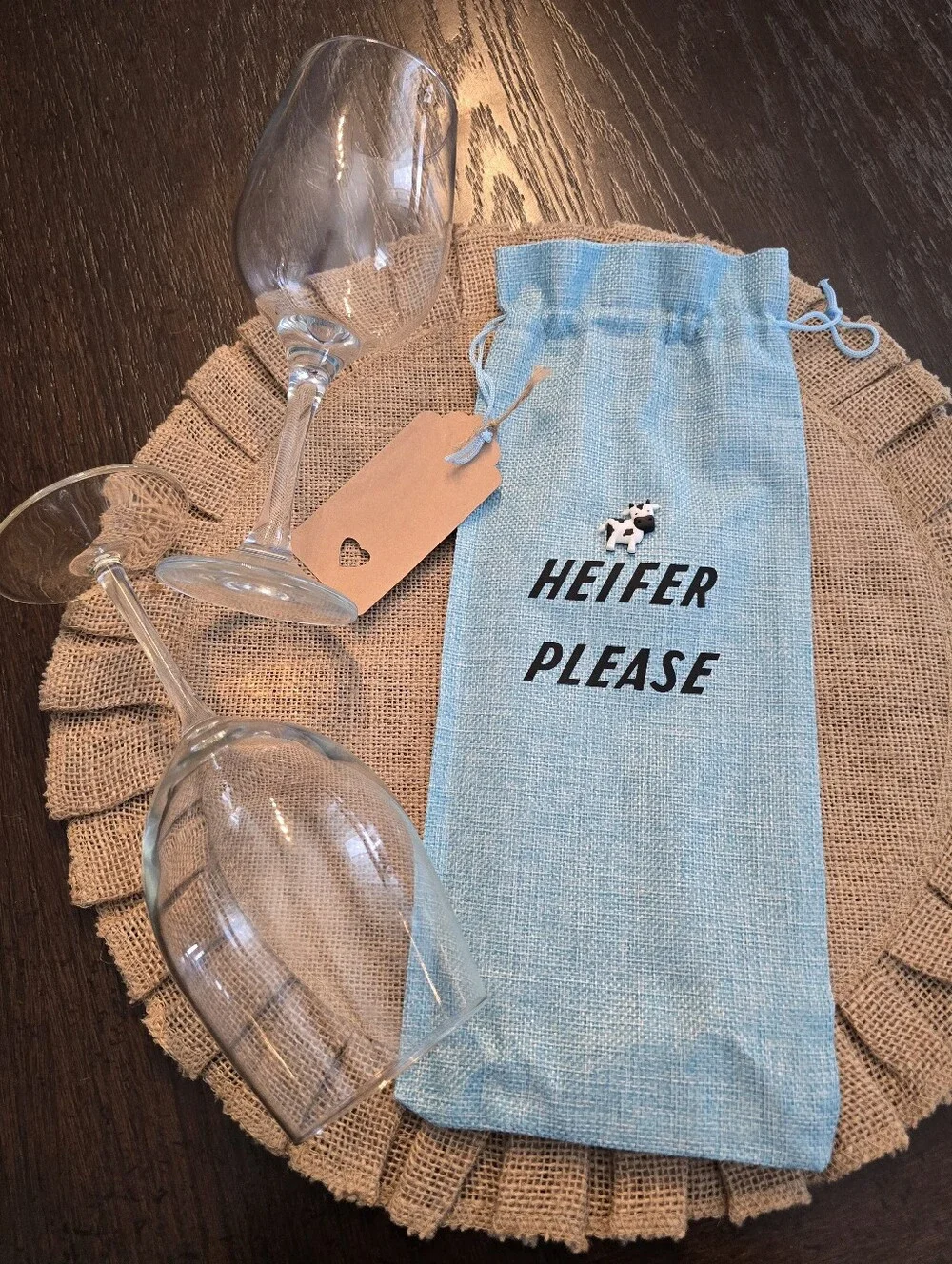 Heifer Please Wine Bag Funny Blue Burlap Gift Tote Country Western Girls Trip🐄
